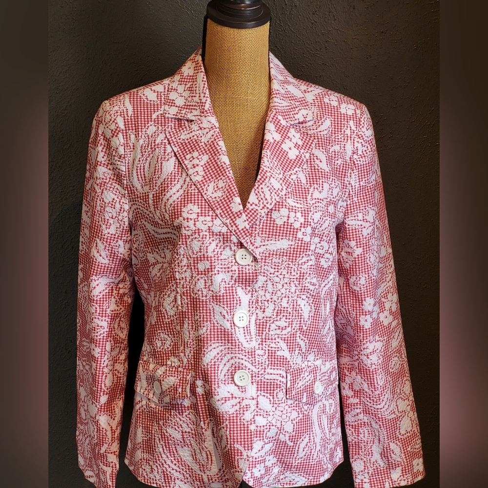 Joni B Red/White Seersucker Floral Jacket Medium